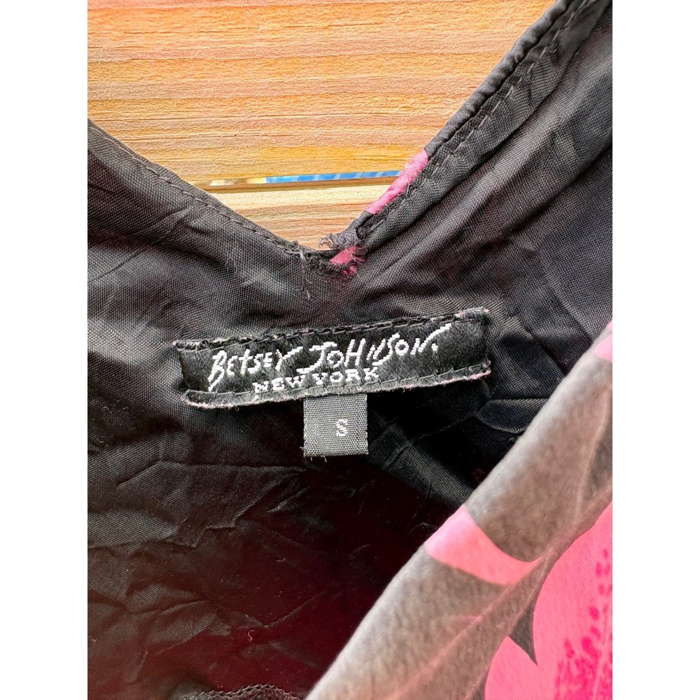 Betsey Johnson New York Pink Floral Hibiscus Black Midi Dress V-Neck Lace Trim S - Picture 5 of 8